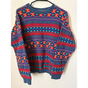 Women's Vintage Lizwear Crew Neck Sweater S Blue Red Multi-color